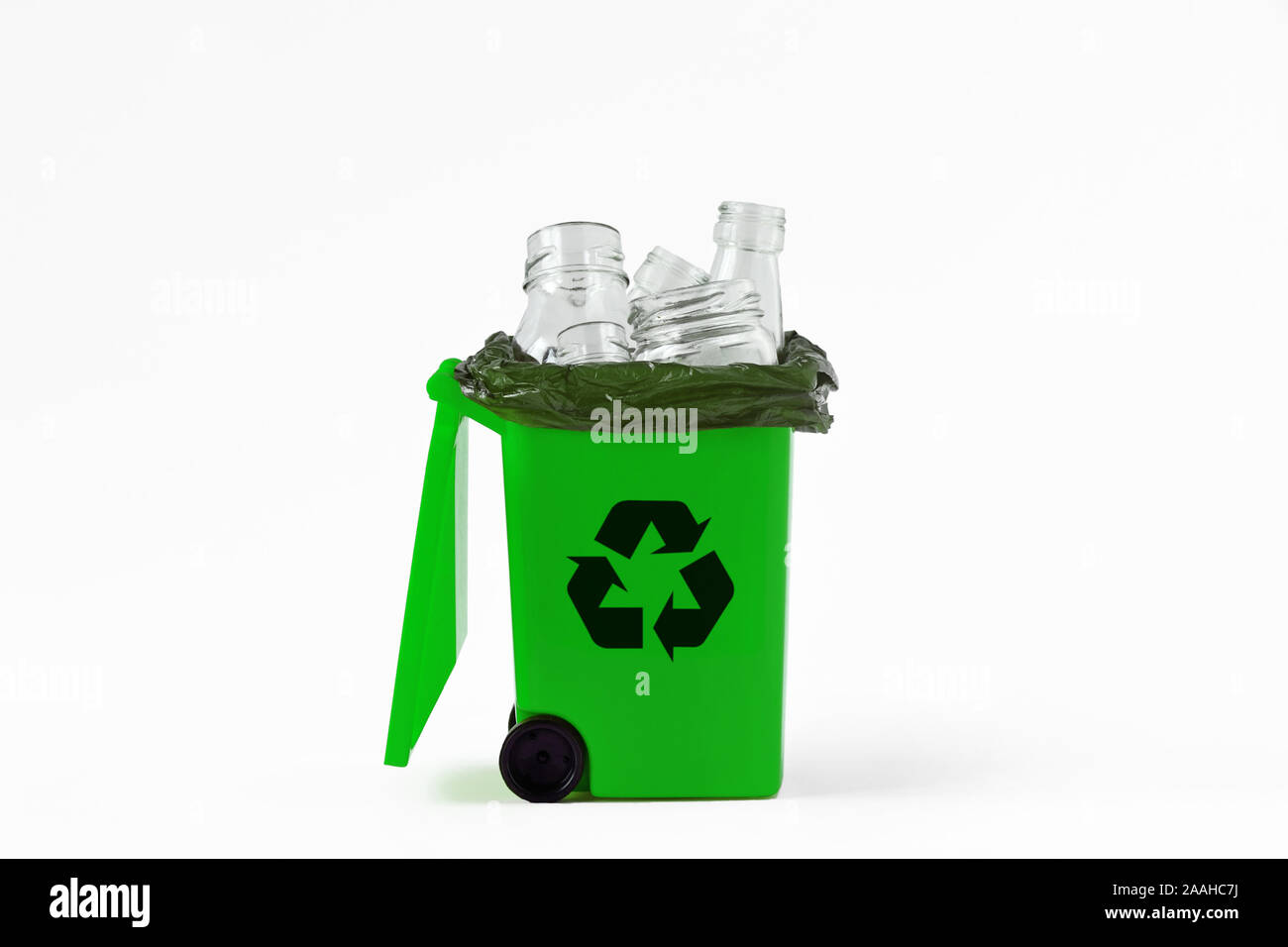 Glass recycle garbage can Concept of recycling and ecology Stock