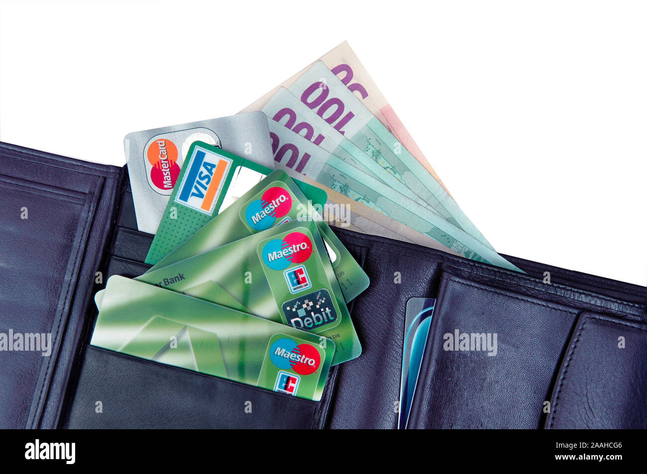 Geldboerse mit Banknoten und Kreditkarten Stock Photo