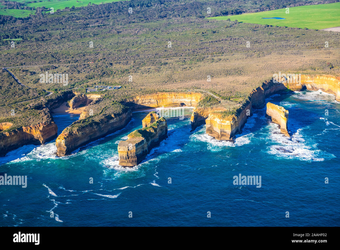 Panoramic aerial view of twelve apostles coastline at Port Campbell National Park, Victoria