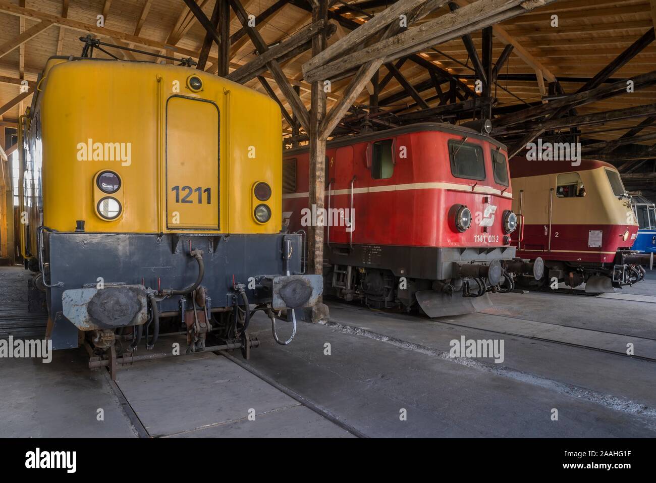 International locomotives, from left to right, Dutch electric locomotive 1211, OBB dual frequency locomotive, 1957, DB AG electric locomotive, class Stock Photo