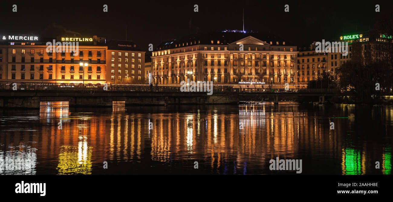 Geneva, Switzerland - November 24, 2016: Night city view with illuminated facades in central district of Geneva Stock Photo
