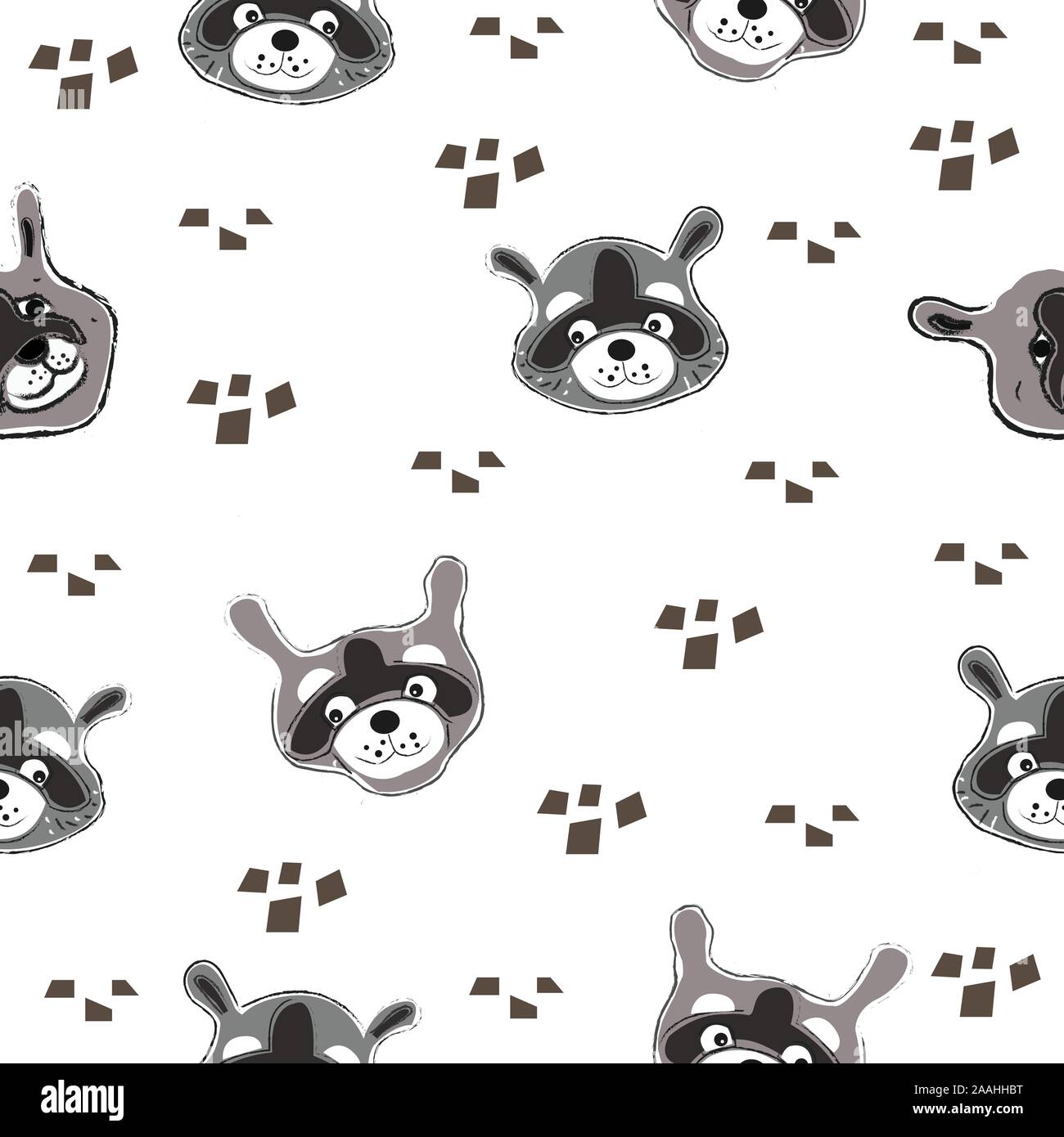 Seamless Pattern with cute hand drawn Raccoons (heads). Scandinavian ...