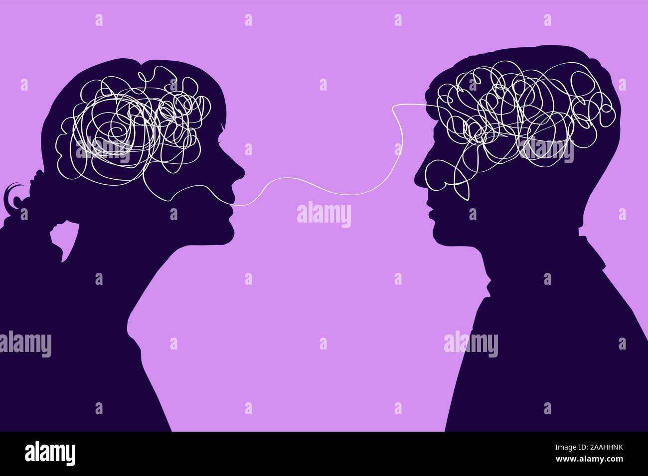 Dialogue between two people, confused thought concept. Communication between a man and a woman, problems in understanding. Two silhouettes. Stock Vector