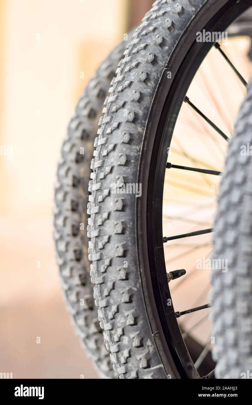 Bycicle wheels and tyres. Spokes. Close up. Stock Photo