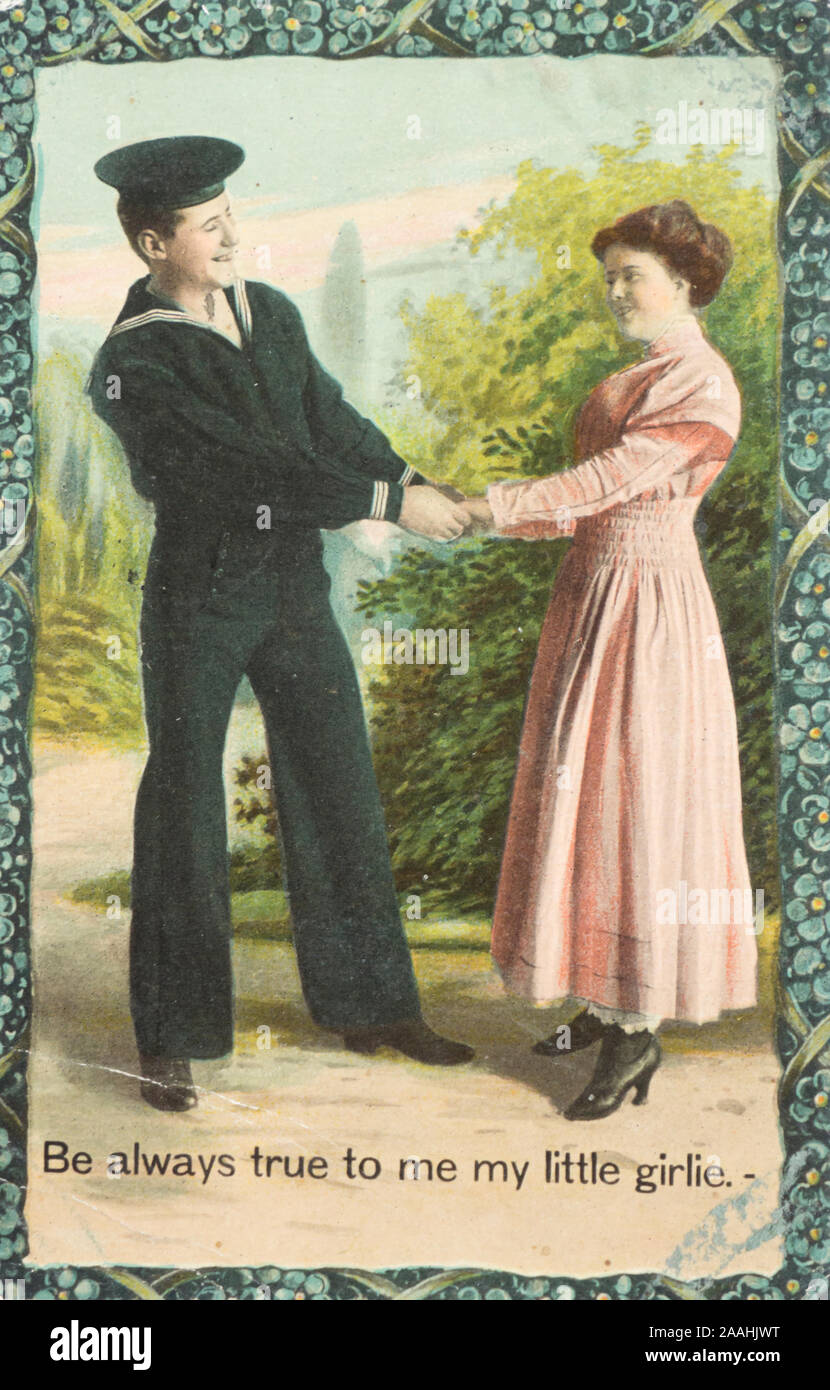 Romantic vintage post card, sailor leaving his girlfriend with the words Be always true to me my little girlie, framed by forget-me-nots. posted New York SA ca 1910 Stock Photo