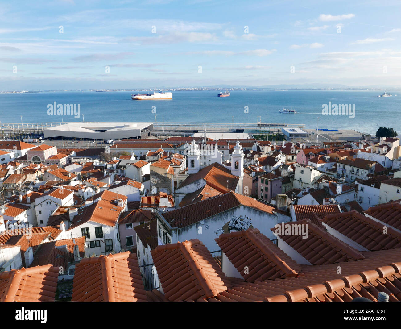 Aerial view of St. Stephens Church or Igreja de Santo Estêvão beside the River Tagus in Lisbon, Portugal on a beautiful December day Stock Photo