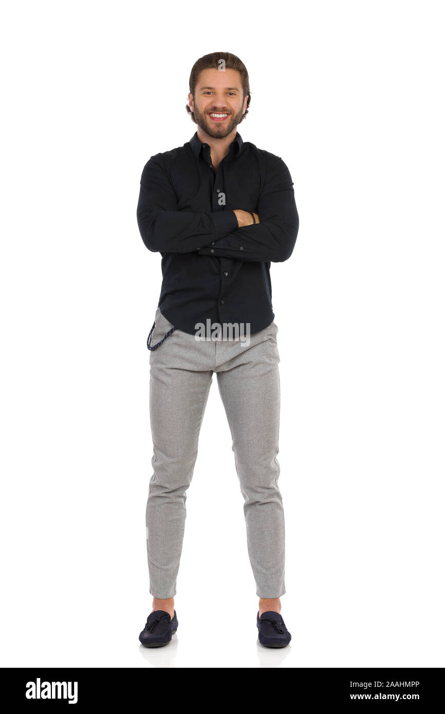 gray slacks black shirt