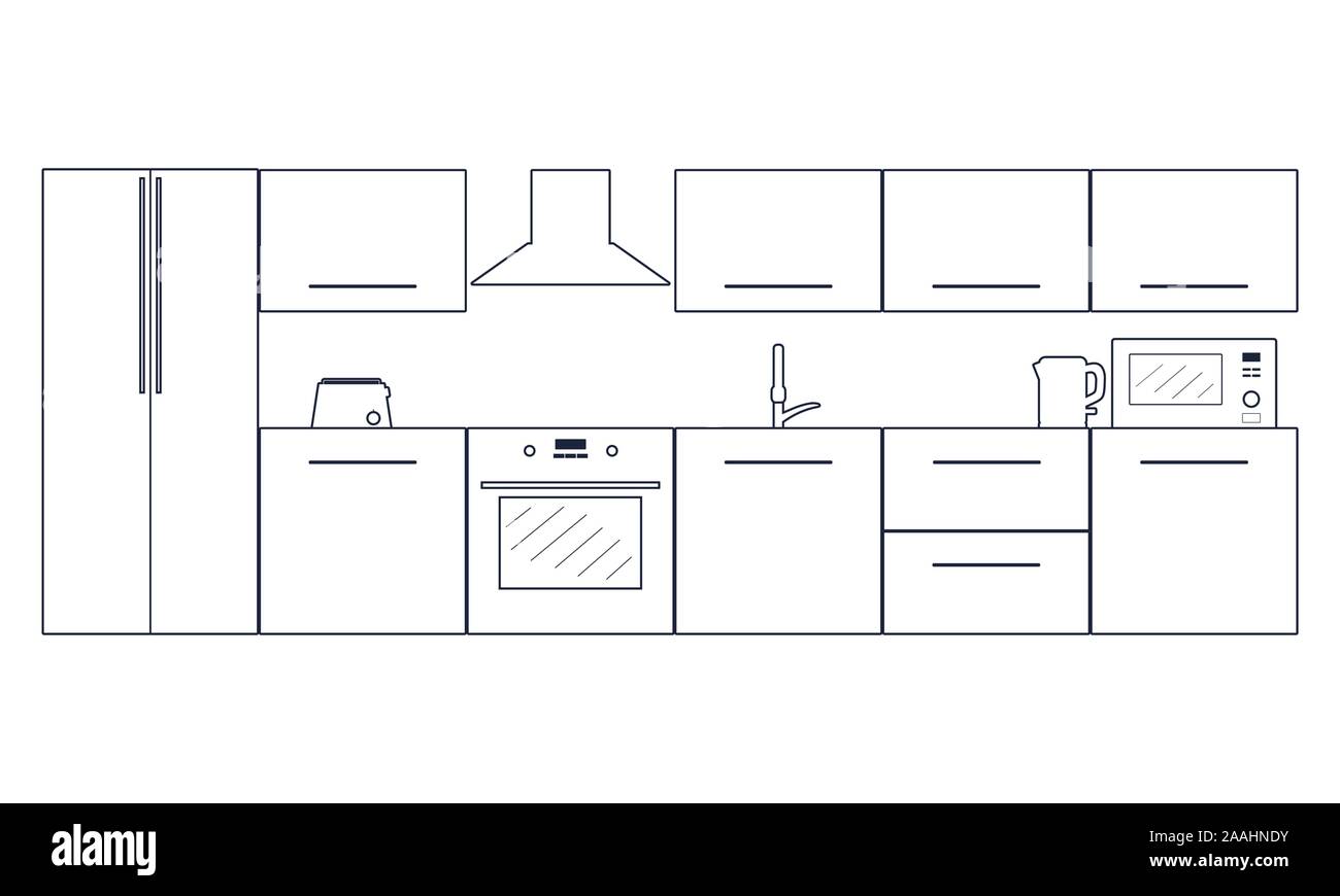 Abstract kitchen modern interior. Thin line style illustration Stock Vector