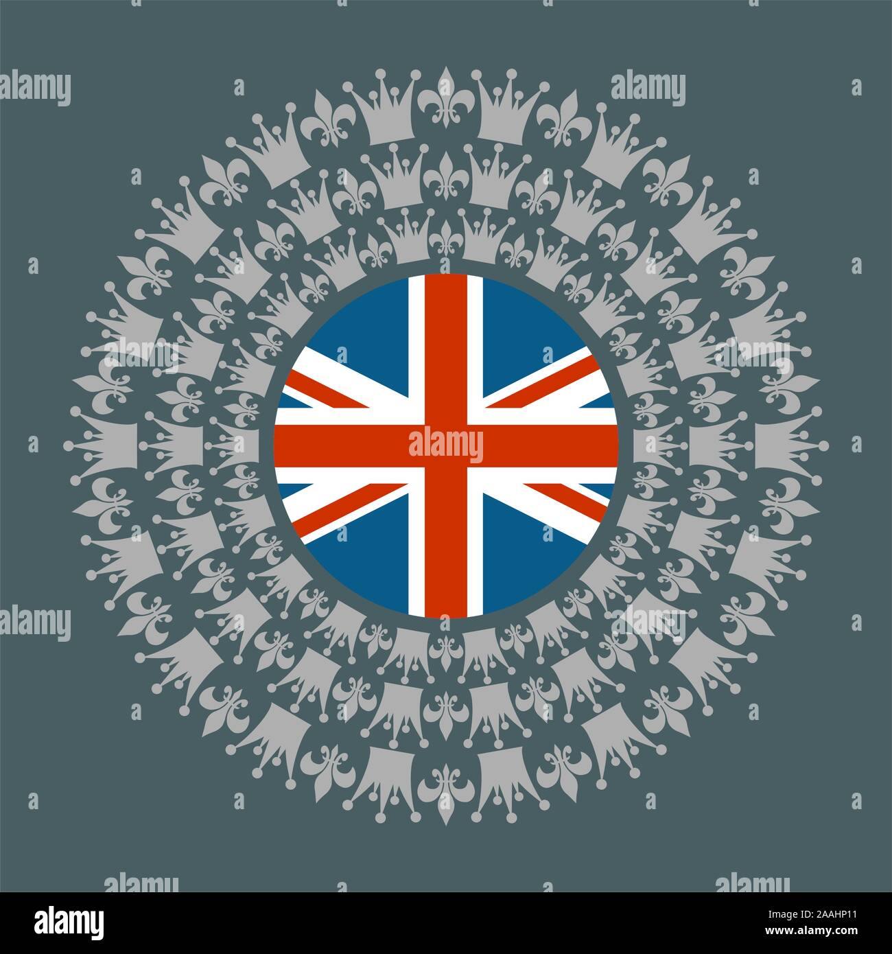 Decorative design element. Pattern with crown and royal lily. Circular ornamental symbol. Flag of the UK Stock Vector
