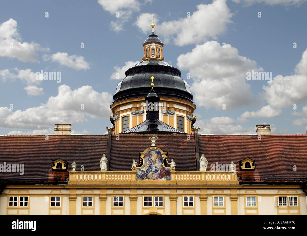 The dome and facade  of Melk Abbey, a Benediction Monatery on the hill top above Melk in Austria Stock Photo