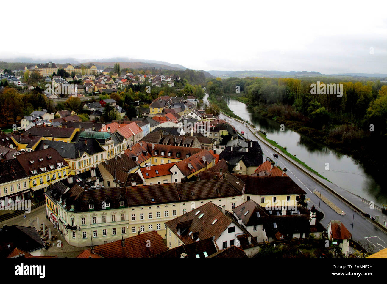 A view over Melk town and the river Danube from the grounds of Melk Abbey. Stock Photo