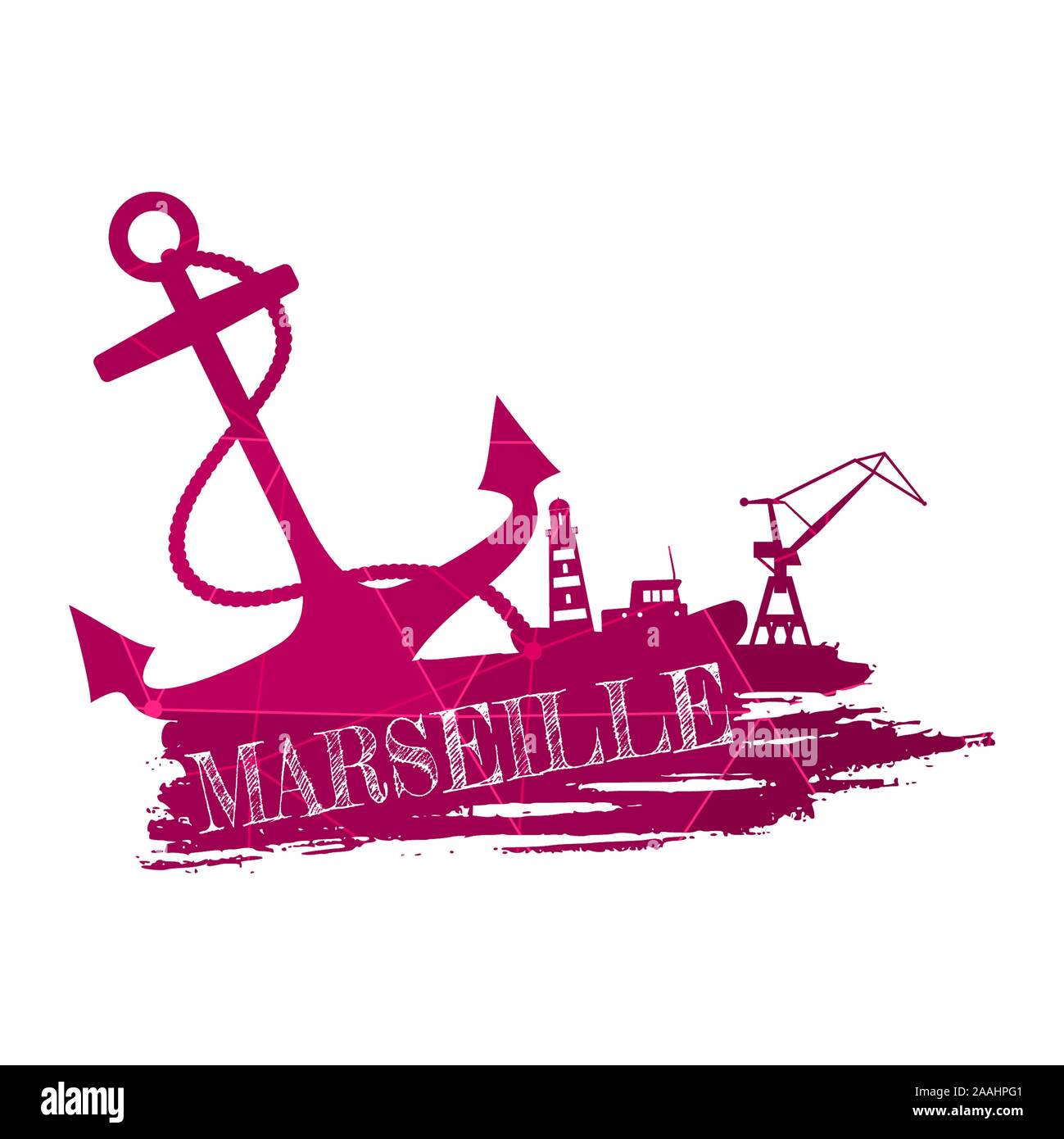 Anchor, lighthouse, ship and crane icons on brush stroke. Calligraphy inscription. Marseille city name text. Connected lines with dots. Stock Vector