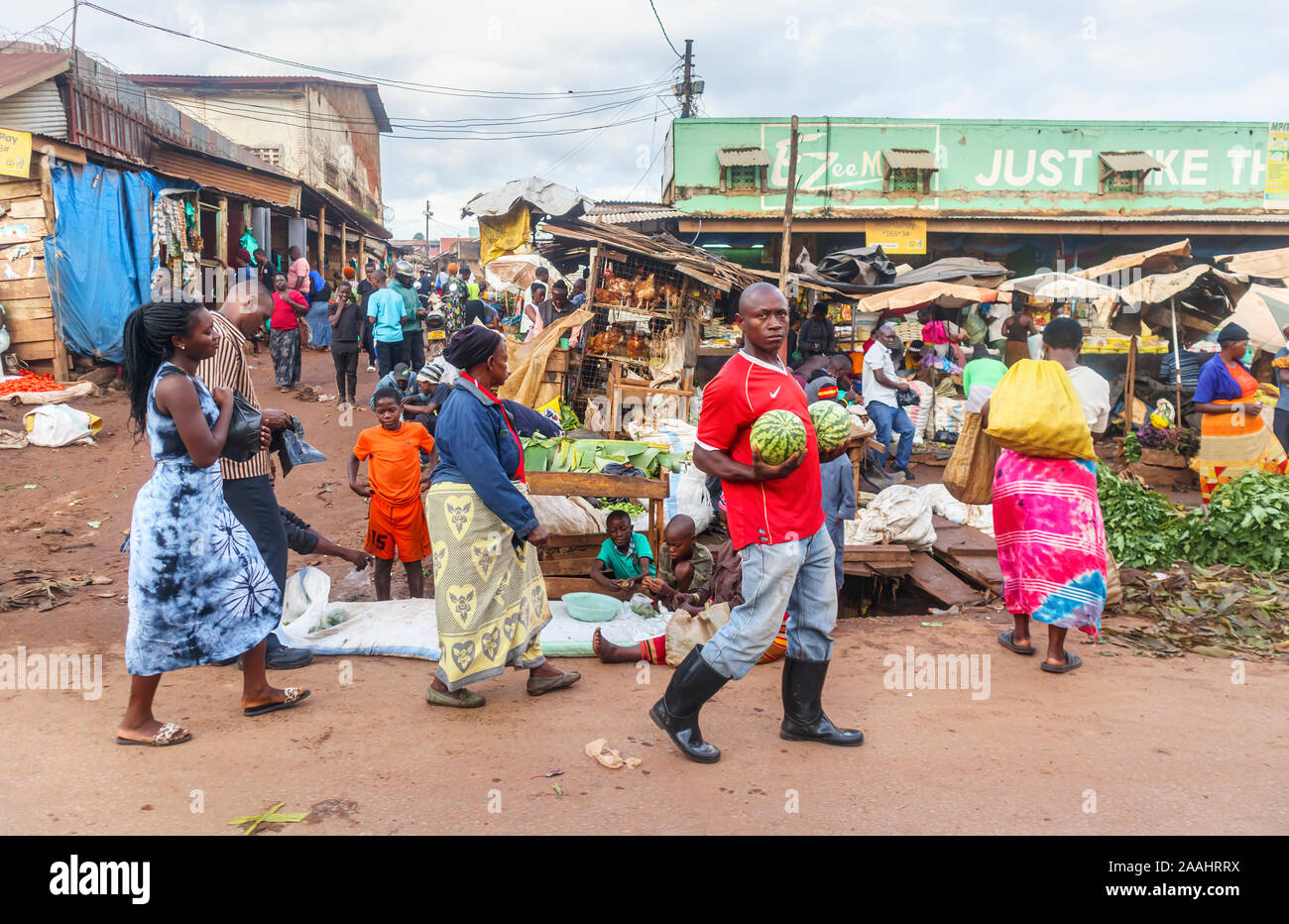 Local African man carrying a pair of large melons at a busy roadside food market in a village community near Kampala, Central Region, Uganda Stock Photo