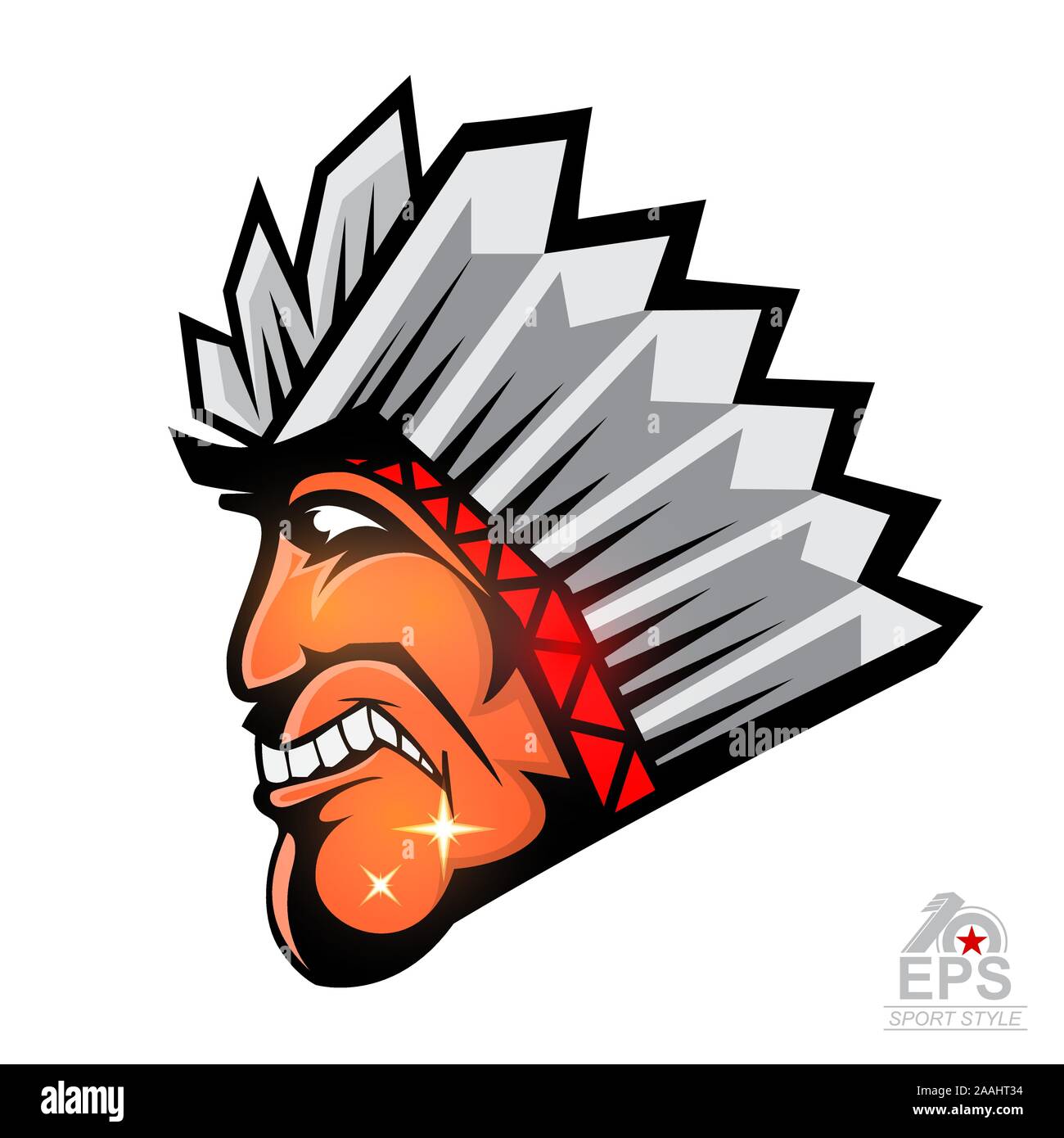 Indian face in profile with feathers isolated on white. Logo for any sport team redskins Stock Vector