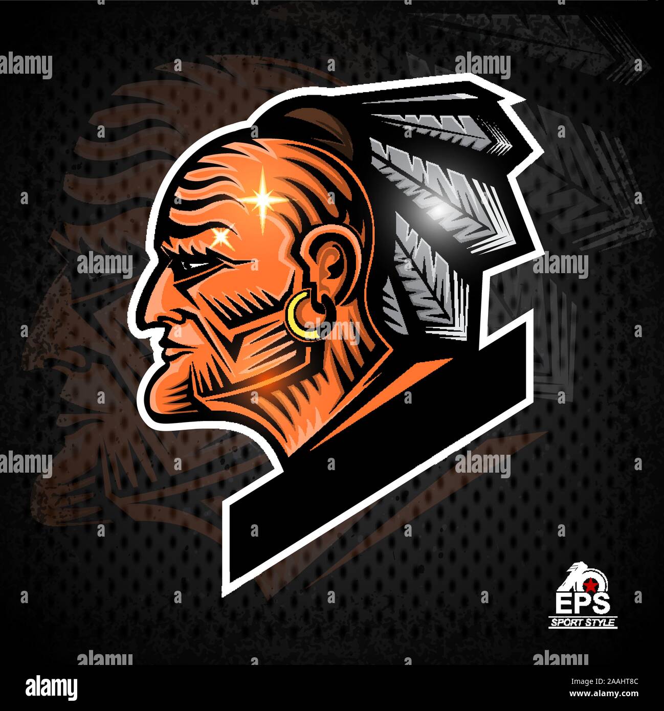 Man face profile with feathers in the head. Sport label Stock Vector