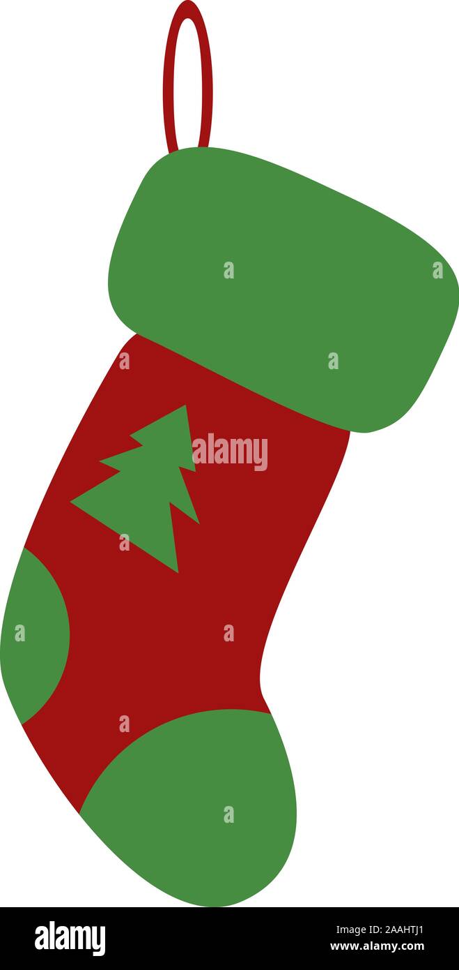 Red Christmas sock with green xmas tree. White fur, wool, stocking, tree. Xtmas concept. Can be used for topics like winter holiday, hanging present, Stock Vector