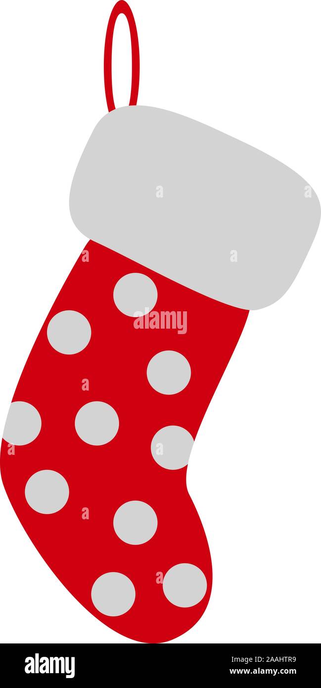 Red Christmas sock with snowfall. White fur, wool, stocking, dots. Xtmas concept. Can be used for topics like winter holiday, hanging present, decorat Stock Vector