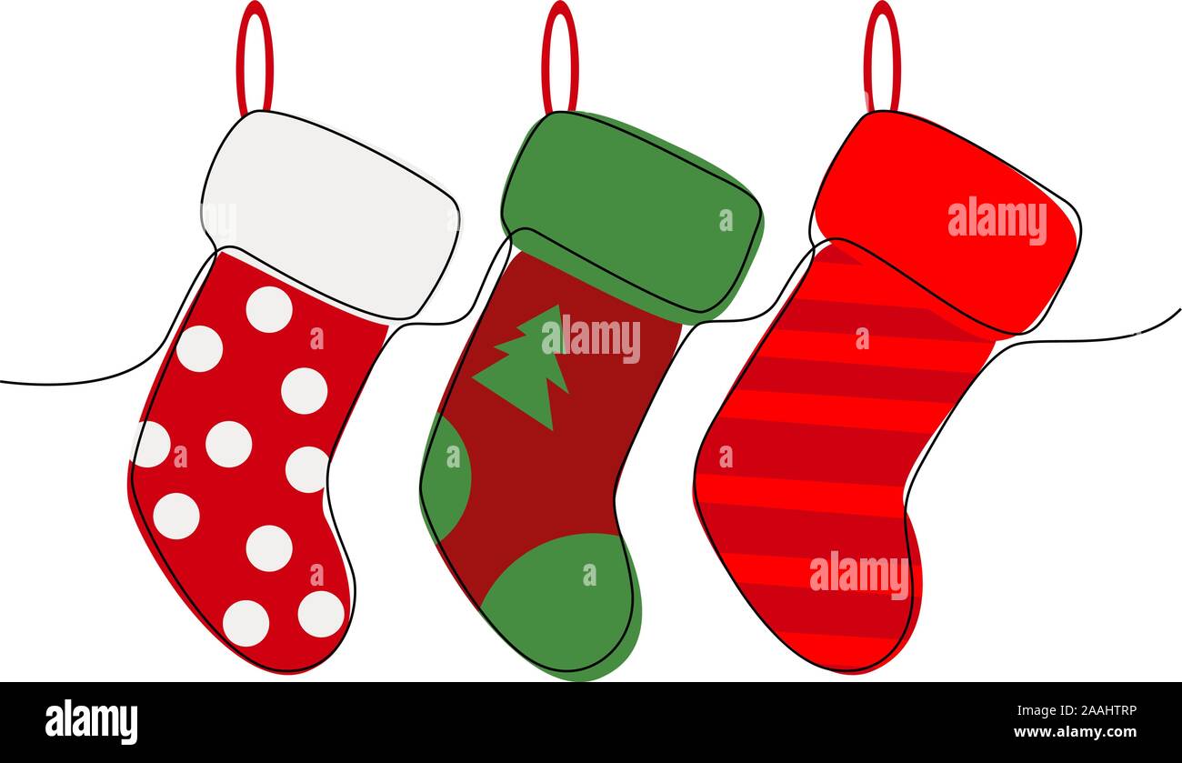 Beautiful continuous line Christmas socks design. Vector illustration Stock Vector