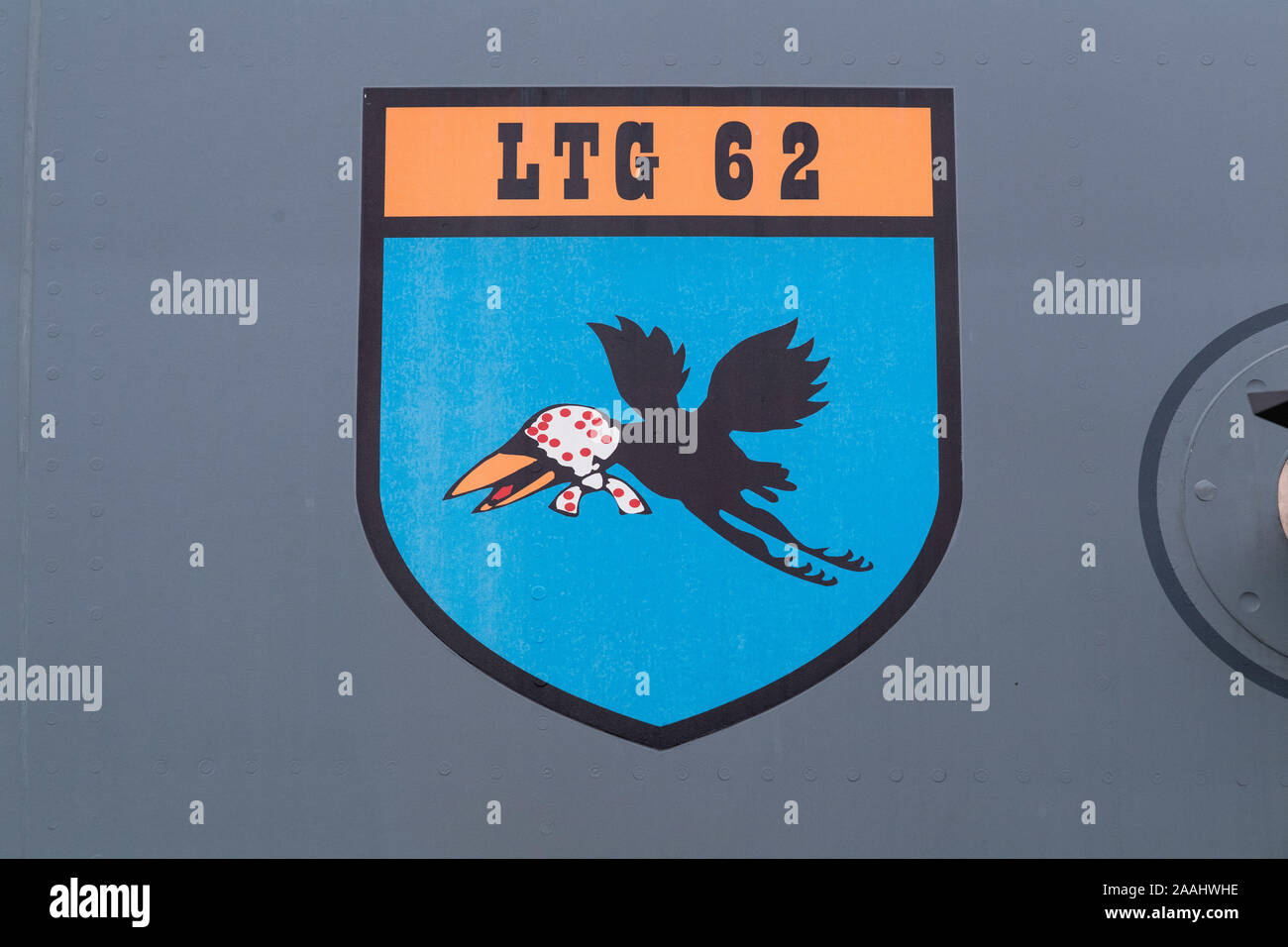 21 November 2019, Bavaria, Graben: The logo of the air transport squadron 62 Wunstorf (LTG 62) can be seen during an information event for local politicians because of the stationing of the Airbus military transporter A400M at the air base Lagerlechfeld on the area of the Lechfeld barracks at an A400M. In the coming years, the Swabian air host at Lechfeld is to be expanded into the second location for the new A400M. Photo: Matthias Balk/dpa Stock Photo