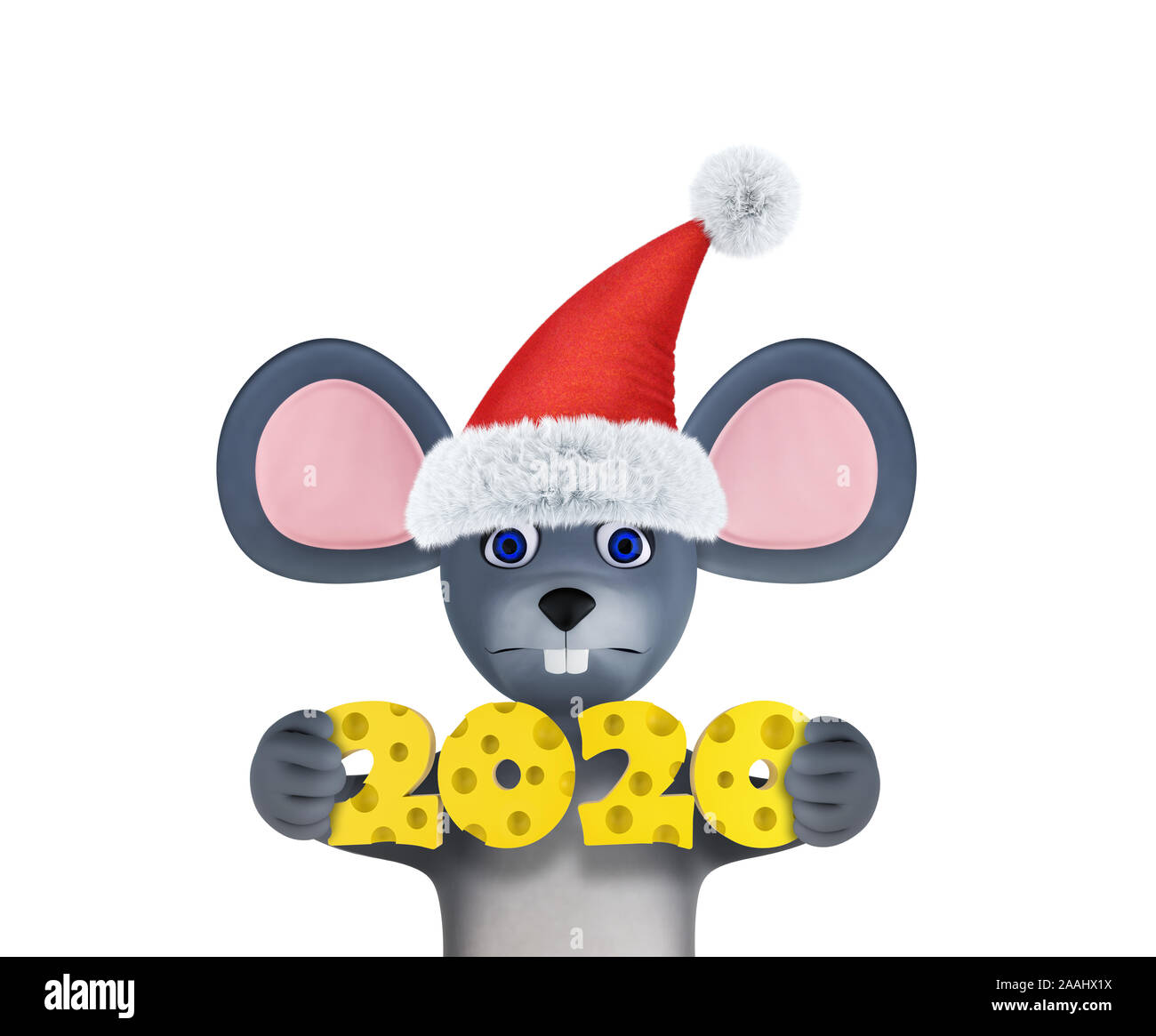 Happy new year 2020 greeting card with cute mouse and cheese isolated on white. Animal wildlife holidays cartoon character. 3d render. Stock Photo