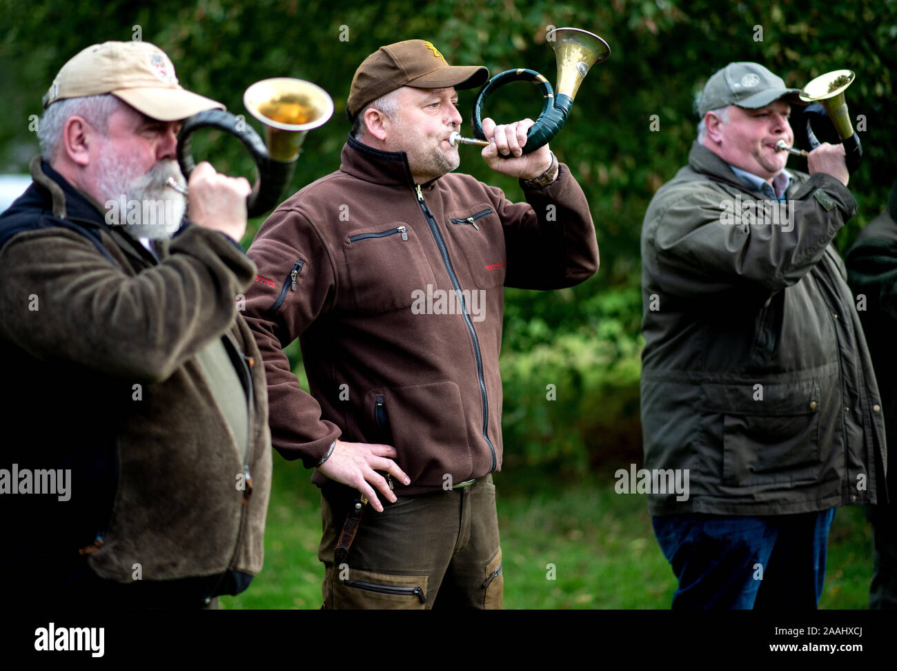 Liebenau, Germany. 26th Oct, 2019. Participants of a hunt play on their hunting horns. With the so-called Beizjagd of the German falcon-order (DFO) in the administrative district Nienburg, falconers go into the precinct with its gripping-birds and hunt hares, rabbits and crows. Credit: Hauke-Christian Dittrich/dpa/Alamy Live News Stock Photo