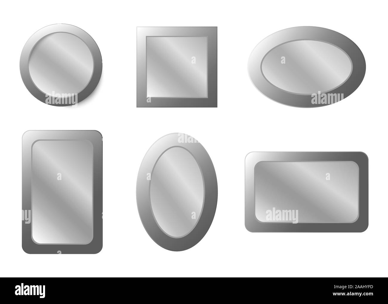 Realistic mirror. Vector realistic mirrors set with blurry reflection. Metal round, oval and rectangular squear mirror frame Stock Vector