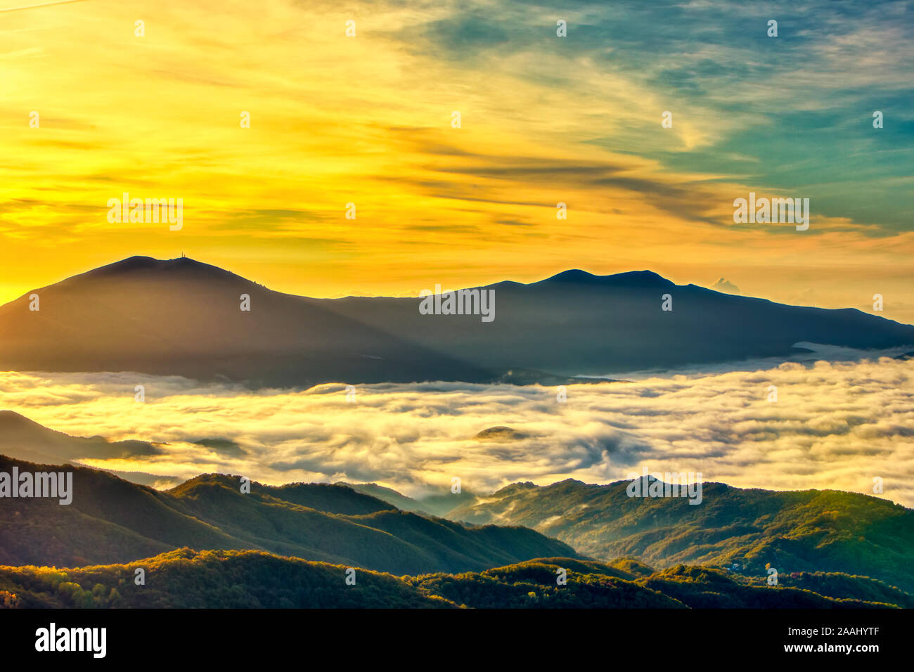 Amazing Sunrise Over Misty Landscape. Scenic View Of Foggy Morning Sky ...