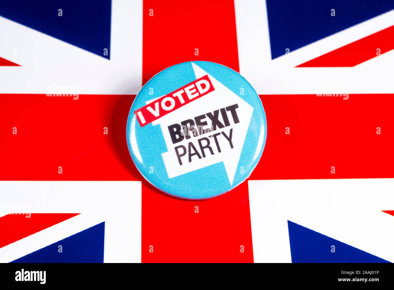 London, UK - November 21st 2019: An I Voted Brexit Party badge, pictured over the United Kingdom flag. Stock Photo