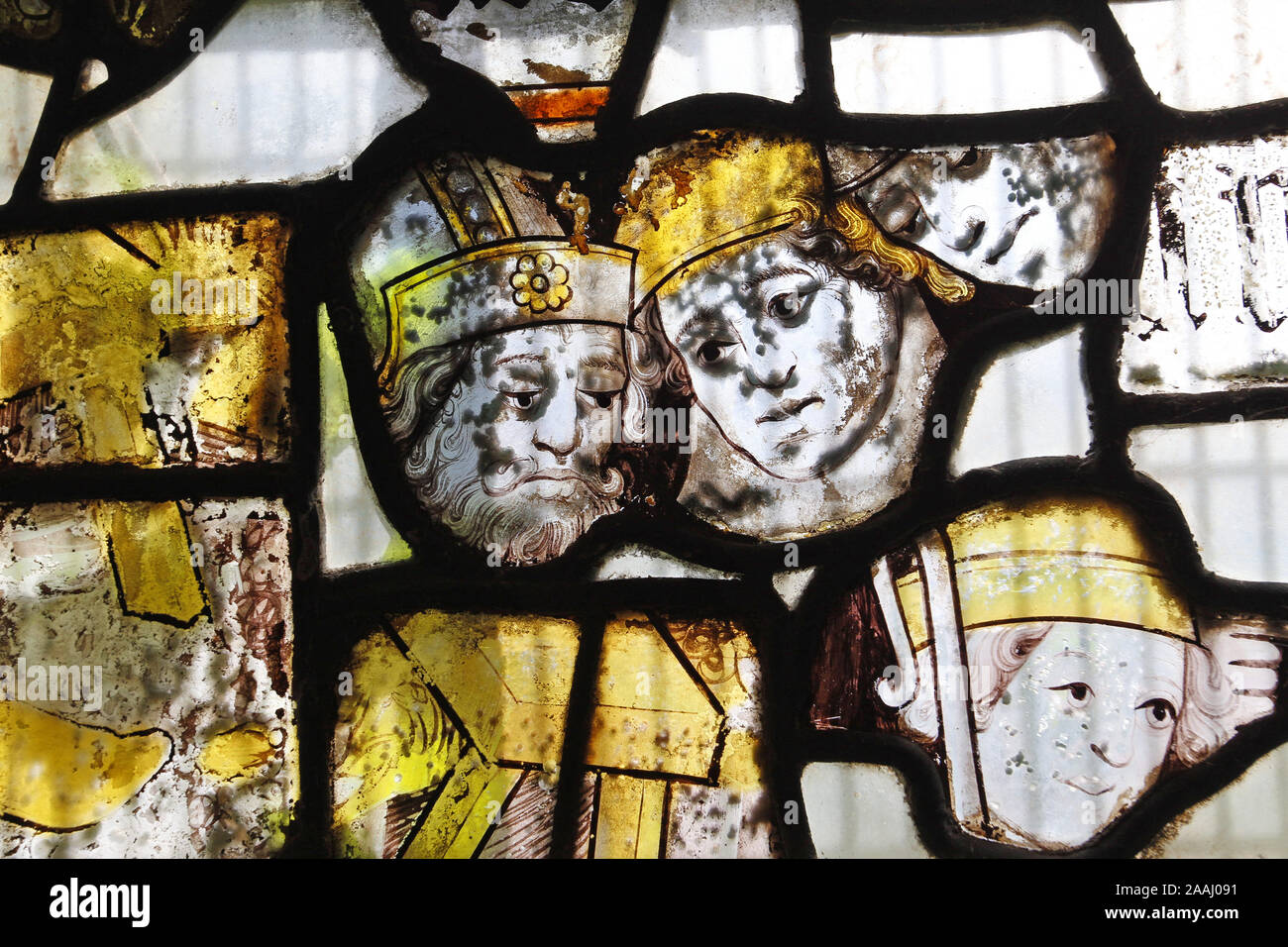 Reset 15th century stained glass, Great Malvern Priory Church, Worcestershire, England Stock Photo