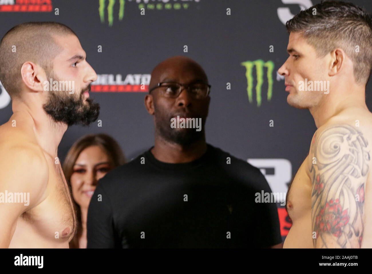 London, UK. 22nd November 2019. Middleweights, George Tokkos and Kevin Fryer face off at Bellator London: CEREMONIAL WEIGH-INS MVP vs. Melillo at Hilton London Wembley. November 22, 2019 Credit Dan-Cooke/Alamy Live News Stock Photo