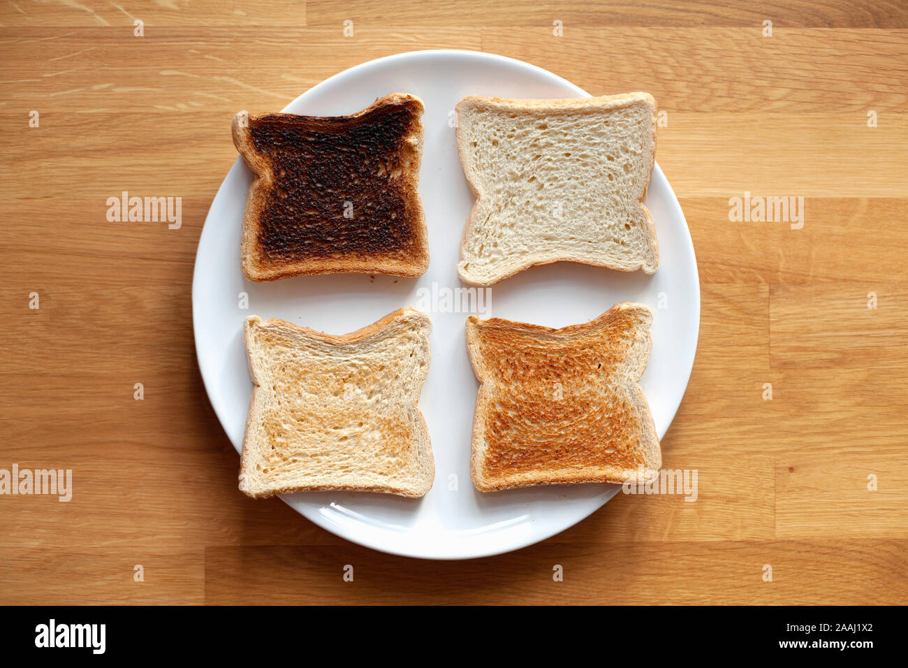 Four sliced bread on plate. Fresh, light toast, crispy toast and