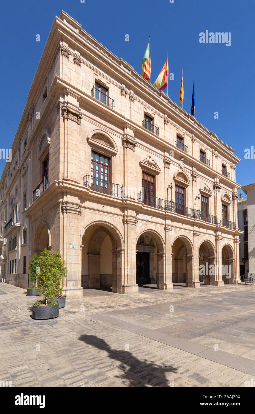 Castellon Town Hall, Castellon de la Plana, Spain - 2019.08.10. Old, historic building of Town Hall at Main Square in Castellon. Decorative balconies Stock Photo