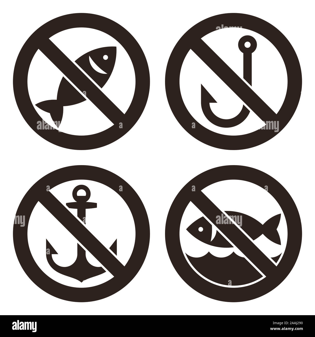 No fishing allowed and no anchoring signs isolated on white background Stock Photo