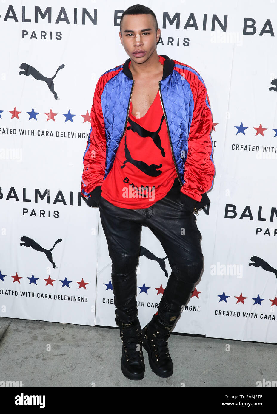 HOLLYWOOD, LOS ANGELES, CALIFORNIA, USA - NOVEMBER 21: Designer Olivier  Rousteing arrives at the PUMA x Balmain Los Angeles Launch Event held at  Milk Studios on November 21, 2019 in Hollywood, Los
