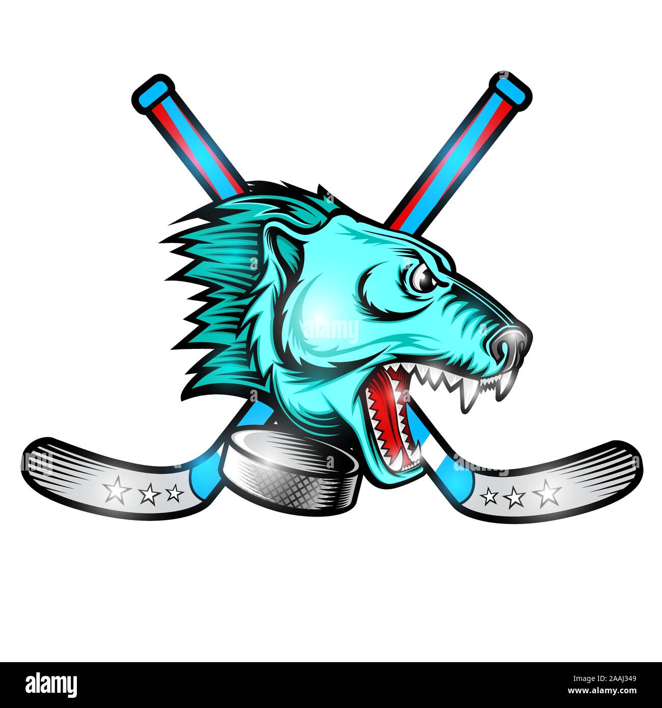 Beast bear face from the side view with hockey puck and crossed stick. Logo for any sport team polar bear isolated on white Stock Vector