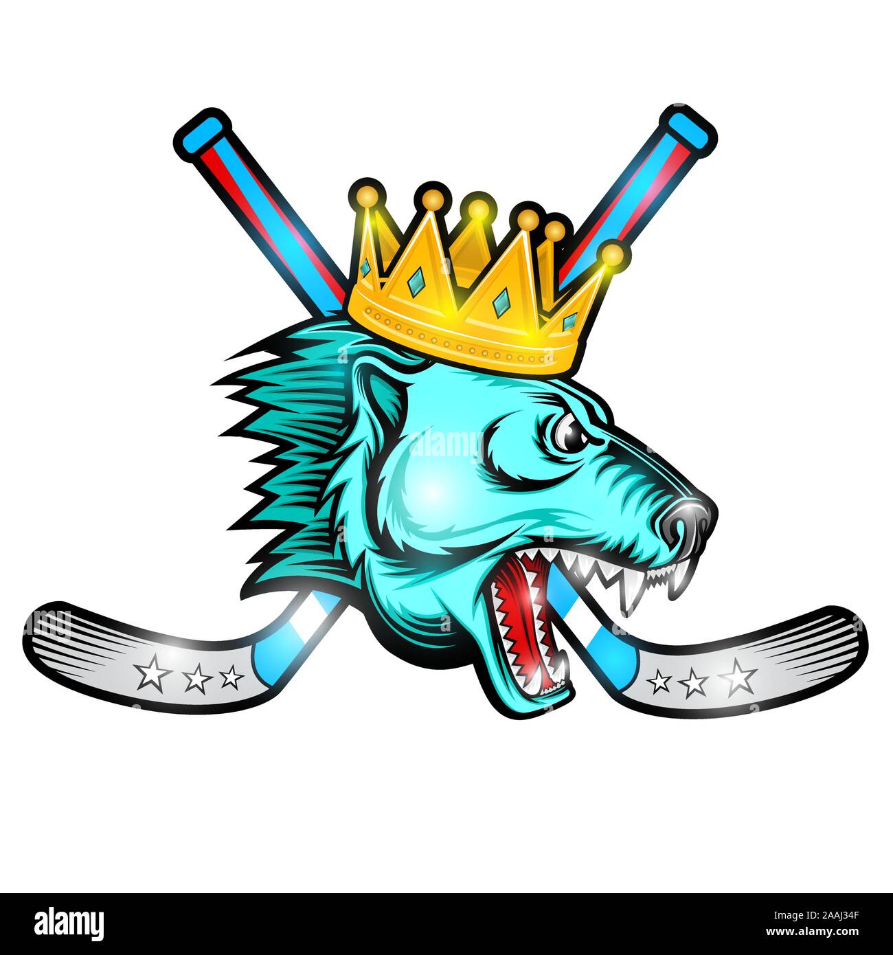 Beast bear face from the side view with hockey puck and crossed stick. Logo for any sport team polar bear isolated on white Stock Vector