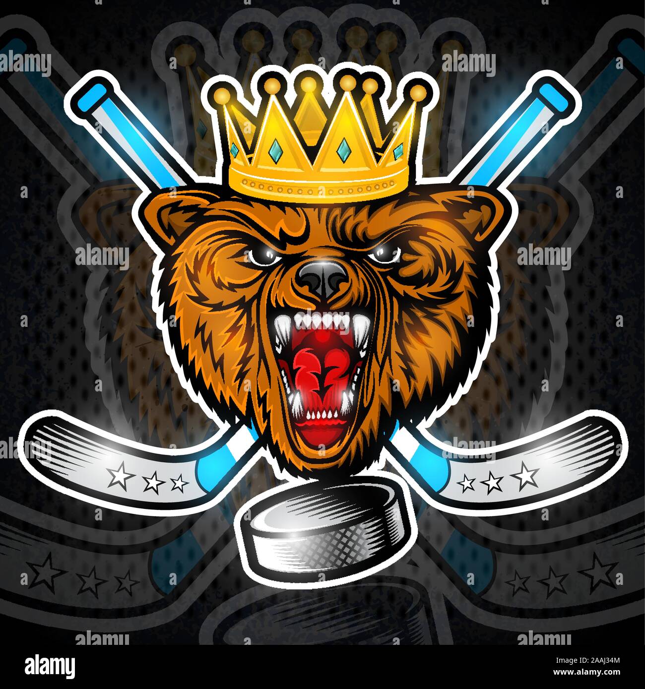 Beast bear from the front view with crown and crossed hockey stick