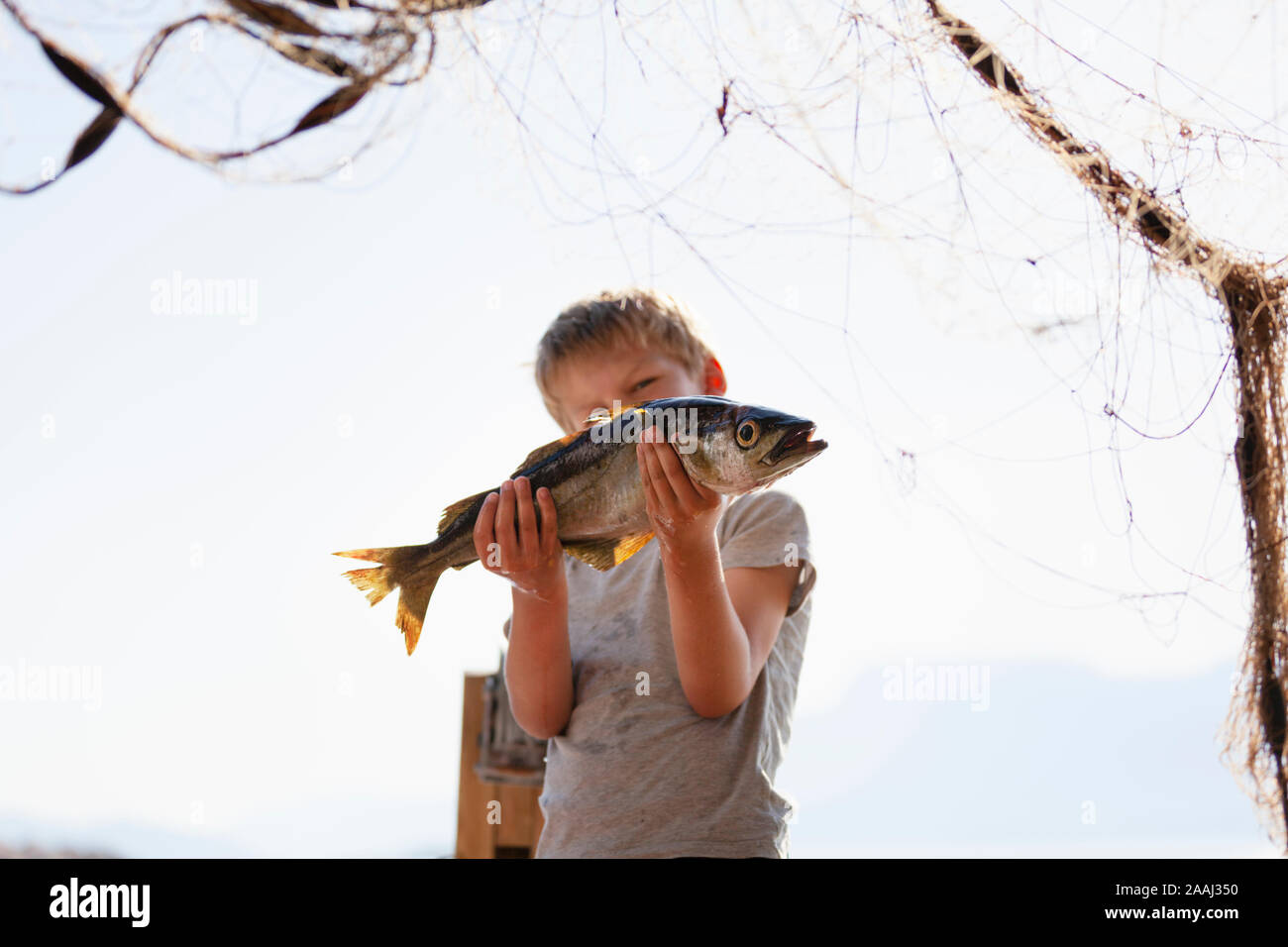 Boy holding up fish, fishing net in foreground Stock Photo