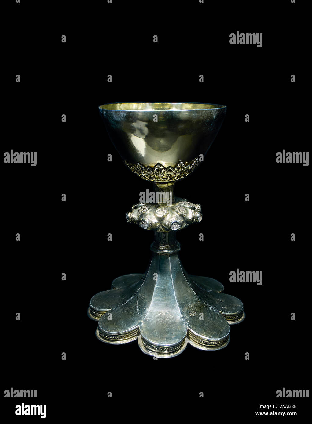 Silver Chalice isolated on black background. XVI Century. Stock Photo