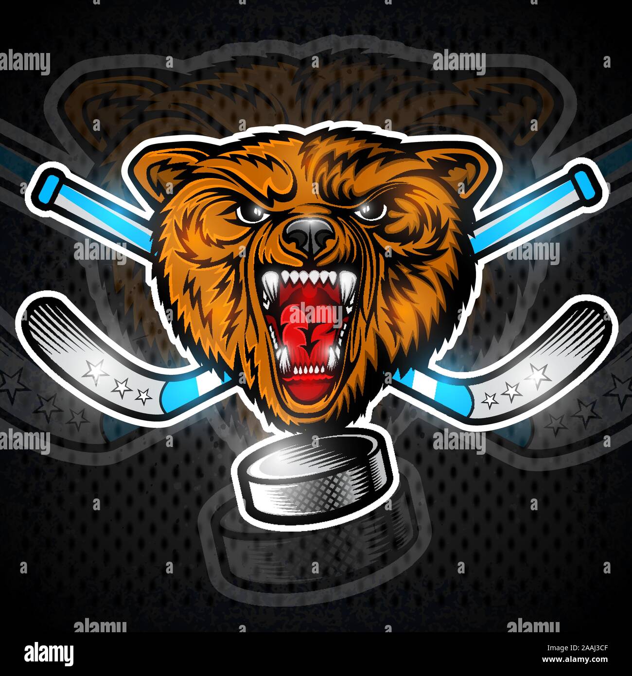 Beast bear from the front view with hockey puck crossed stick. Logo for
