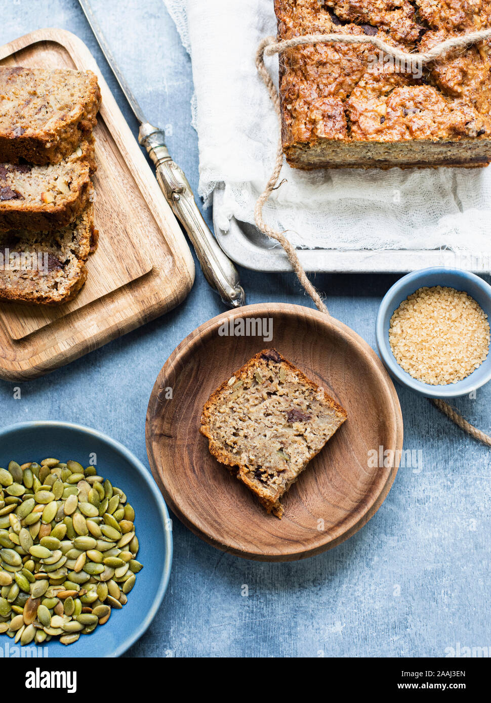 Slices of baked bread with pumpkin seeds and chocolate chips Stock Photo