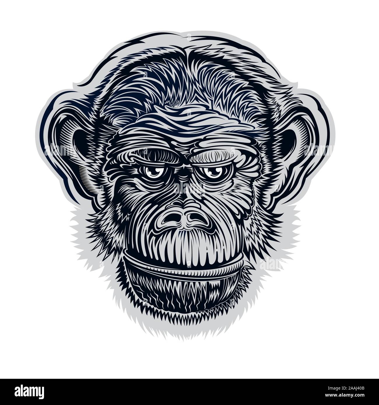 Blue monkey head in engraving style, print for t-shirt or poster Stock ...