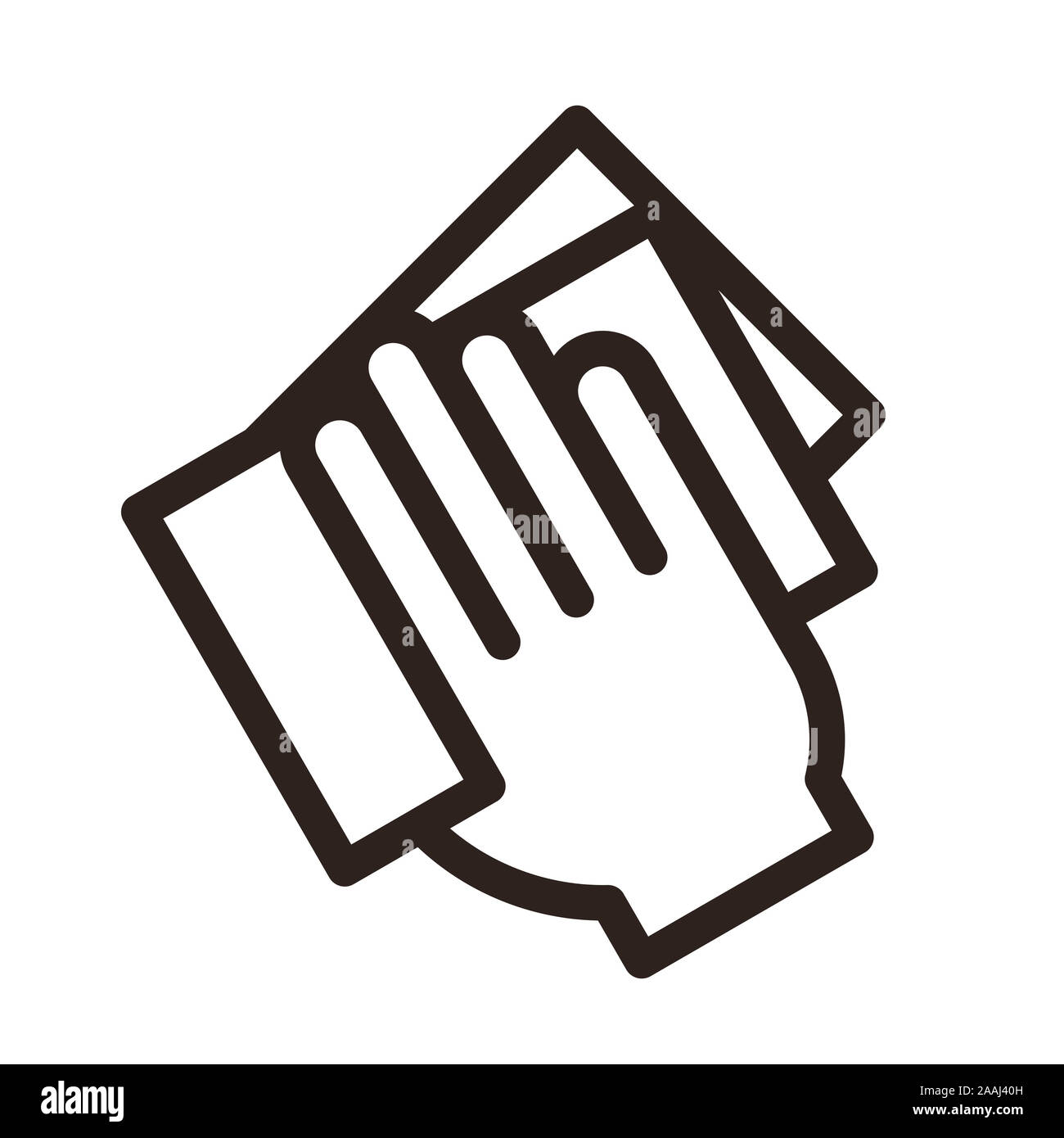 Hand wiping with a cloth icon. Wipe dust symbol isolated on white