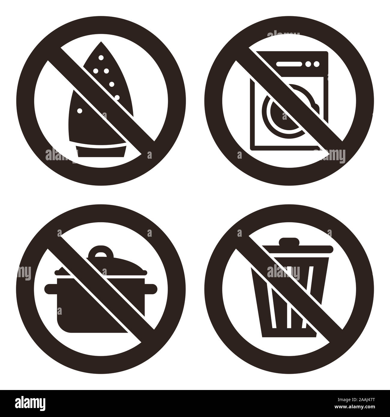 Ironing is not allowed, no washing machine, no cooking and don`t throw  trash sign isolated on white background Stock Photo - Alamy