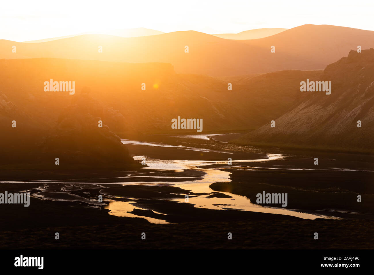 Sunset over mountain ranges, Landmannalaugar, Highlands, Iceland Stock Photo