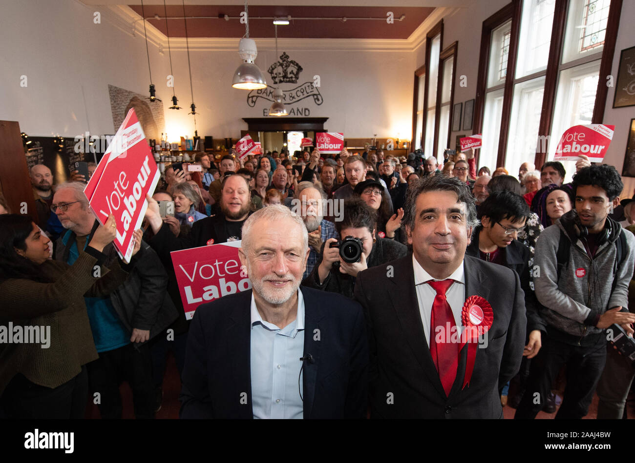 Labour Party leader Jeremy Corbyn (centre left) with candidate for Stoke-on-Trent South Mark McDonald during a visit to Fenton Town Hall, while on the General Election campaign trail. Stock Photo