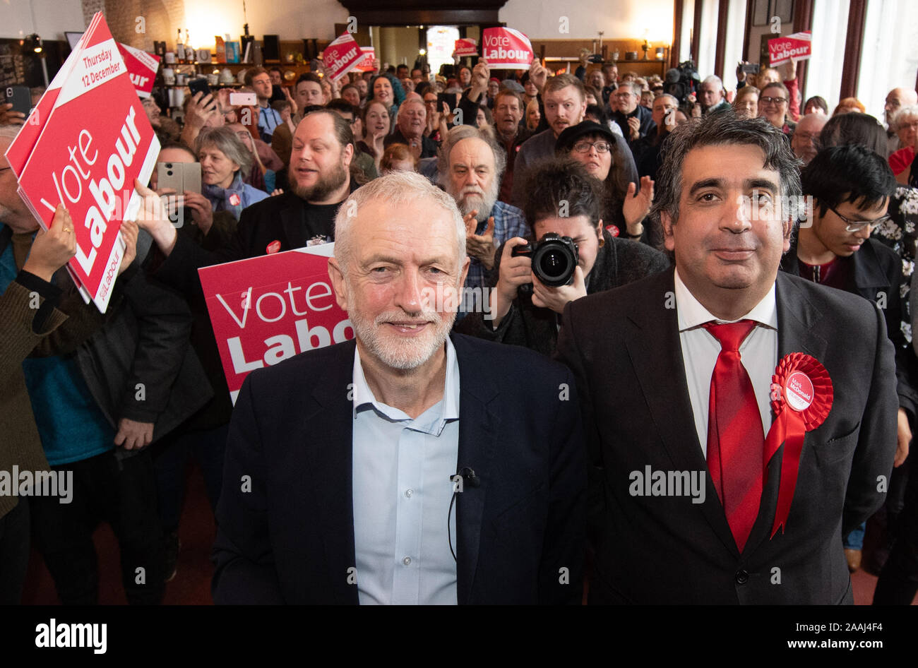 Labour Party leader Jeremy Corbyn (centre left) with candidate for Stoke-on-Trent South Mark McDonald during a visit to Fenton Town Hall, while on the General Election campaign trail. Stock Photo