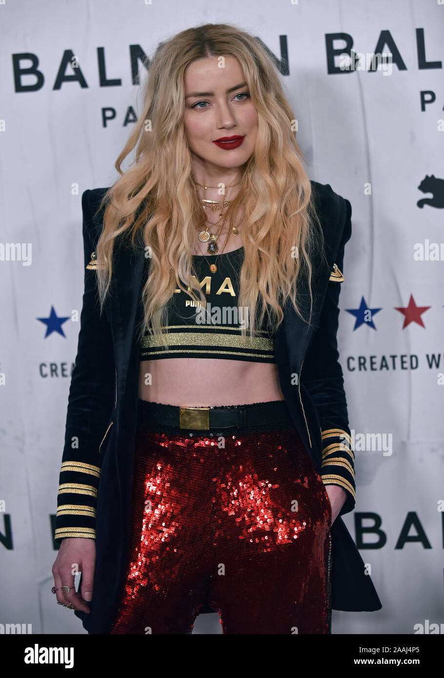 Los Angeles, United States. 22nd Nov, 2019. Amber Heard arrives for the Puma  x Balmain x Cara Delevingne launch party at Milk Studios in Los Angeles,  California on Thursday, November 21, 2019.