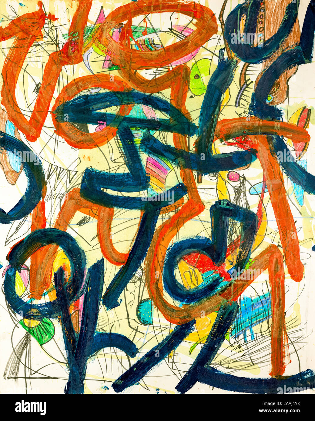 Original abstract painting on paper with vibrant colors, strong lines, and shapes. Stock Photo