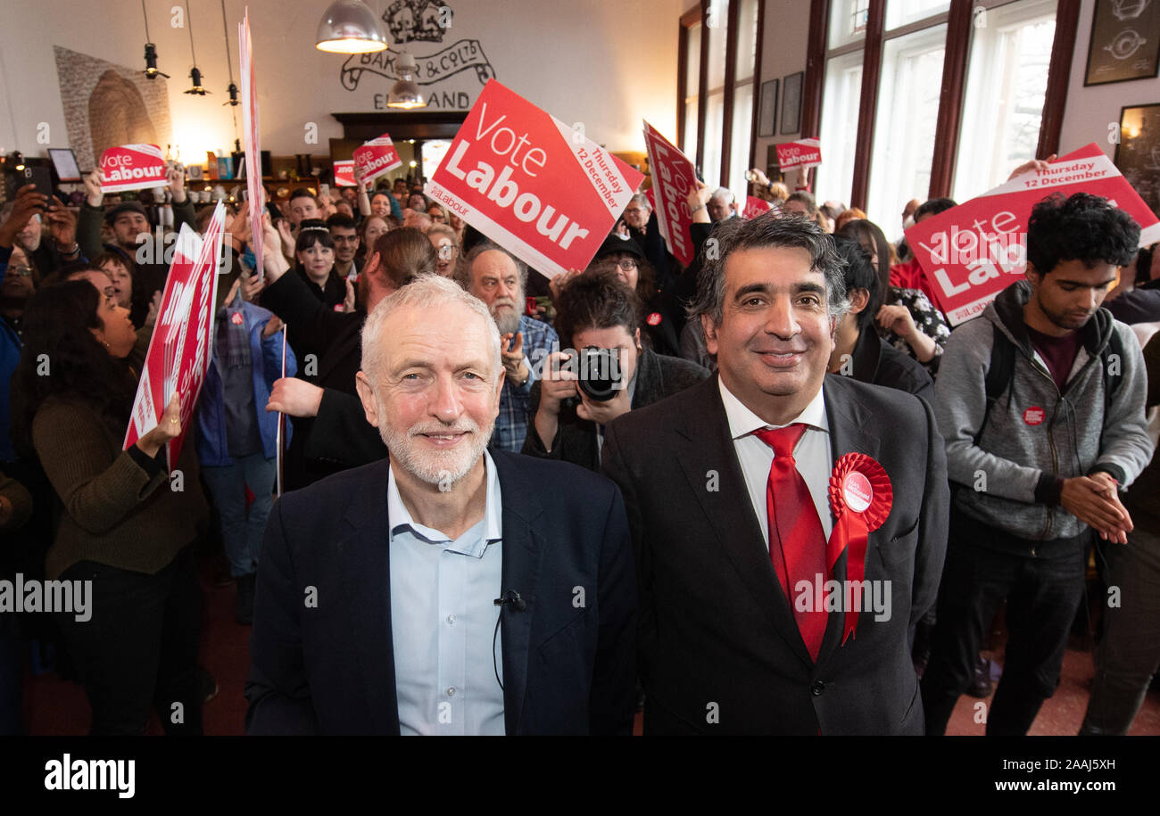 Labour Party leader Jeremy Corbyn with candidate for Stoke-on-Trent South Mark McDonald during a visit to Fenton Town Hall, while on the General Election campaign trail. Stock Photo